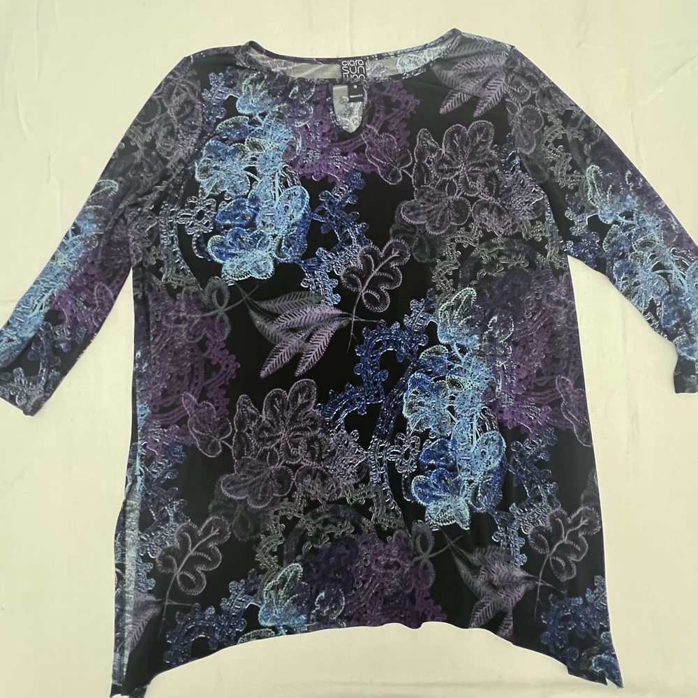 Clara Sunwoo Black Top with Blue and Purple Floral Accents